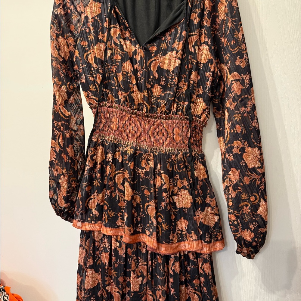 love, Fire Black and Orange Floral Long Sleeve Dress